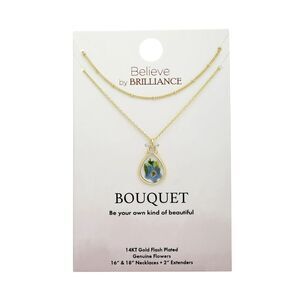 Believe by Brilliance 14KT Gold Flash Plated Double Necklace with Genuine Flower